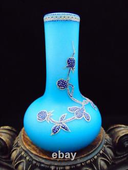 Harrach Victorian Blue Enameled POINTILLISM Dragonfly & Floral Art Glass Vase Harrach Victorian Blue Enameled POINTILLISM Dragonfly & Floral Art Glass Vase