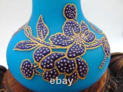 Harrach Victorian Blue Enameled POINTILLISM Dragonfly & Floral Art Glass Vase Harrach Victorian Blue Enameled POINTILLISM Dragonfly & Floral Art Glass Vase