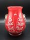 Harrach Victorian Red Enameled Dragonfly & Floral Art Glass Vase Applied Handle