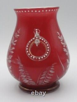 Harrach Victorian RED Enameled Dragonfly & Floral Art Glass Vase Applied Handle