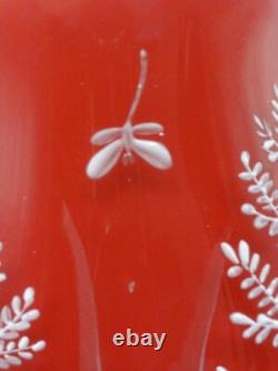 Harrach Victorian RED Enameled Dragonfly & Floral Art Glass Vase Applied Handle