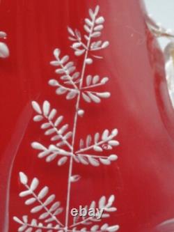 Harrach Victorian RED Enameled Dragonfly & Floral Art Glass Vase Applied Handle