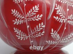 Harrach Victorian RED Enameled Dragonfly & Floral Art Glass Vase Applied Handle