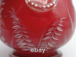 Harrach Victorian RED Enameled Dragonfly & Floral Art Glass Vase Applied Handle