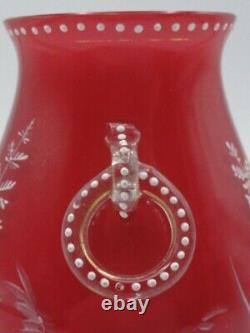 Harrach Victorian RED Enameled Dragonfly & Floral Art Glass Vase Applied Handle