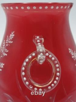 Harrach Victorian RED Enameled Dragonfly & Floral Art Glass Vase Applied Handle