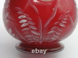 Harrach Victorian RED Enameled Dragonfly & Floral Art Glass Vase Applied Handle