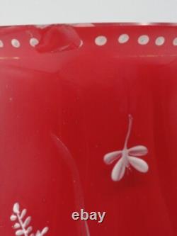 Harrach Victorian RED Enameled Dragonfly & Floral Art Glass Vase Applied Handle