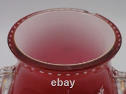 Harrach Victorian RED Enameled Dragonfly & Floral Art Glass Vase Applied Handle