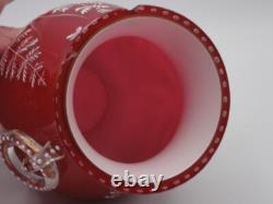 Harrach Victorian RED Enameled Dragonfly & Floral Art Glass Vase Applied Handle