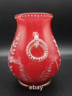 Harrach Victorian RED Enameled Dragonfly & Floral Art Glass Vase Applied Handle