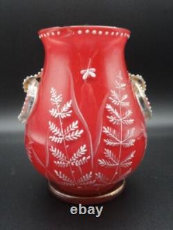 Harrach Victorian RED Enameled Dragonfly & Floral Art Glass Vase Applied Handle