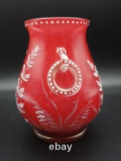 Harrach Victorian RED Enameled Dragonfly & Floral Art Glass Vase Applied Handle