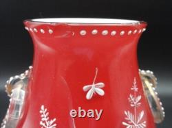 Harrach Victorian RED Enameled Dragonfly & Floral Art Glass Vase Applied Handle