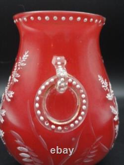 Harrach Victorian RED Enameled Dragonfly & Floral Art Glass Vase Applied Handle