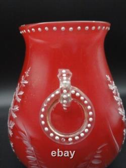 Harrach Victorian RED Enameled Dragonfly & Floral Art Glass Vase Applied Handle