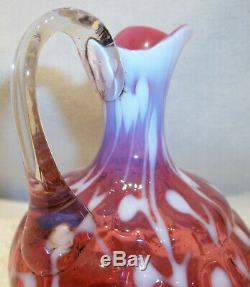 Hobbs Brockunier Victorian Cranberry Opalescent Seaweed Art Glass Pitcher