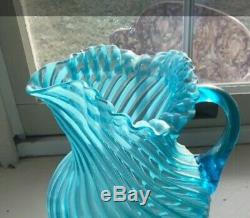 Hobbs Glass Blue Opalescent Stripe Ribbed Pitcher