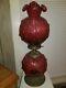 Huge Jumbo Vintage Fenton Cranberry Gwtw Cabbage Rose Lamp Excellent Condition