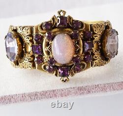 Huge Ornate Victorian Opal Glass Amethyst Rhinestone Rococo Hinged Cuff Bracelet