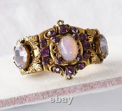 Huge Ornate Victorian Opal Glass Amethyst Rhinestone Rococo Hinged Cuff Bracelet