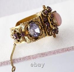 Huge Ornate Victorian Opal Glass Amethyst Rhinestone Rococo Hinged Cuff Bracelet