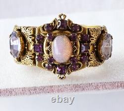 Huge Ornate Victorian Opal Glass Amethyst Rhinestone Rococo Hinged Cuff Bracelet