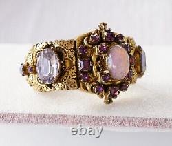 Huge Ornate Victorian Opal Glass Amethyst Rhinestone Rococo Hinged Cuff Bracelet