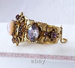 Huge Ornate Victorian Opal Glass Amethyst Rhinestone Rococo Hinged Cuff Bracelet