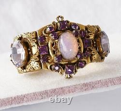 Huge Ornate Victorian Opal Glass Amethyst Rhinestone Rococo Hinged Cuff Bracelet