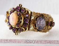 Huge Ornate Victorian Opal Glass Amethyst Rhinestone Rococo Hinged Cuff Bracelet