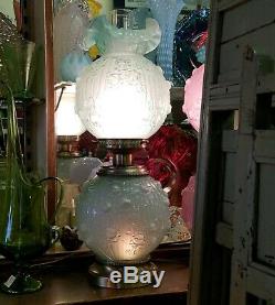 Huge Vintage FENTON AQUA GREEN TEAL GWTW Victorian Cabbage Rose Hurricane LAMP