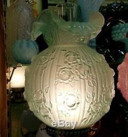 Huge Vintage FENTON AQUA GREEN TEAL GWTW Victorian Cabbage Rose Hurricane LAMP