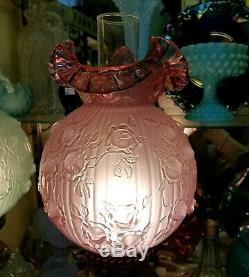 Huge Vintage FENTON PURPLE CRANBERRY GWTW Victorian Cabbage Rose Hurricane LAMP