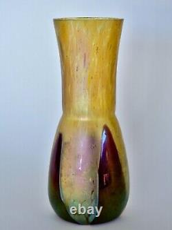 IRIDESCENT GLASS ART NOUVEAU VASE GOLDEN & PURPLE 13.5cm TALL ca1900 EXCEL COND