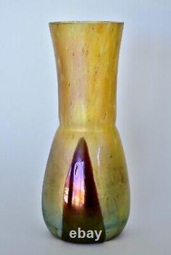 IRIDESCENT GLASS ART NOUVEAU VASE GOLDEN & PURPLE 13.5cm TALL ca1900 EXCEL COND