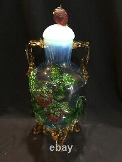 Impressive 17 Tall Stevens & Williams Applied Strawberry Glass Vase with Lid