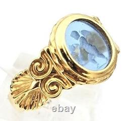 Italian Art Deco Era 18K Yellow Gold Hand Carved Cupid Blue Venetian Glass Ring