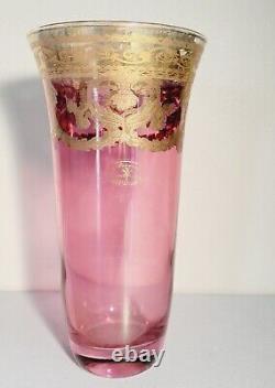 J Preziosi Lavorato A Mano Italian Glass Fluted Vase Pink Gilded Gold Iridescent
