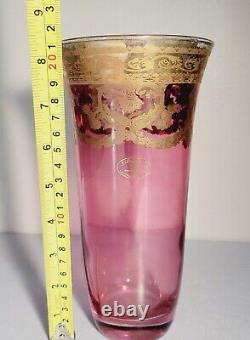 J Preziosi Lavorato A Mano Italian Glass Fluted Vase Pink Gilded Gold Iridescent