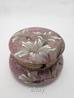 Kelva Antique Large Glass Dresser Box Hinged Pink Flowers C. F. Monroe Wavecrest