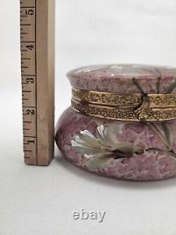 Kelva Antique Large Glass Dresser Box Hinged Pink Flowers C. F. Monroe Wavecrest