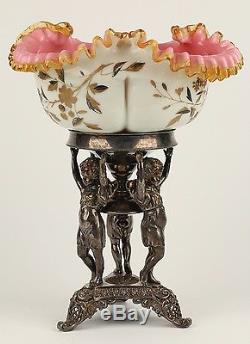 Killer Victorian Bride's Basket, Cased Enamelled Art Glass, Figural Cherub Frame