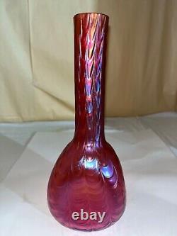 Kralik Cranberry Iridescent Bud Vase-Drapery Pattern-Victorian Bohemia Loetz A