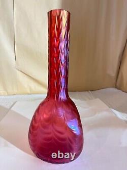 Kralik Cranberry Iridescent Bud Vase-Drapery Pattern-Victorian Bohemia Loetz B