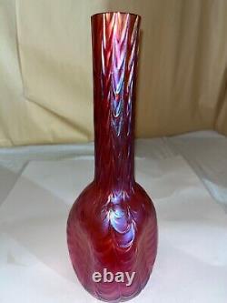 Kralik Cranberry Iridescent Bud Vase-Drapery Pattern-Victorian Bohemia Loetz B