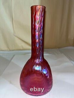 Kralik Cranberry Iridescent Bud Vase-Drapery Pattern-Victorian Bohemia Loetz B