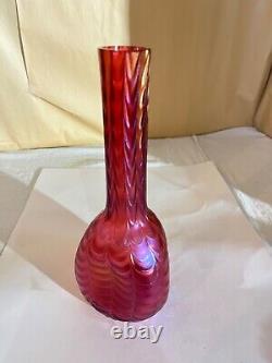 Kralik Cranberry Iridescent Bud Vase-Drapery Pattern-Victorian Bohemia Loetz B