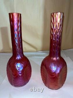 Kralik Cranberry Iridescent Bud Vase-Drapery Pattern-Victorian Bohemia Loetz B