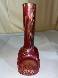 Kralik Cranberry Iridescent Bud Vase-Victorian-Czechoslovakia Swirl Ridges Loetz